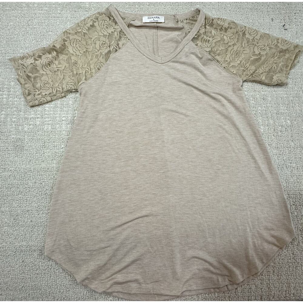 Zenana Women’s V-Neck Lace Top Tunic 3/4 Sleeve, Round Hem, Size S, Stretchy